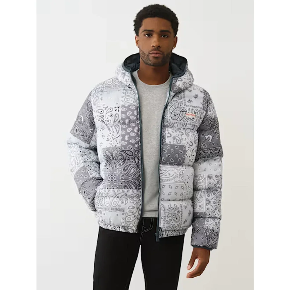 True Religion Hood Puffer Jacket XL Grey Blue Bandana NWT
